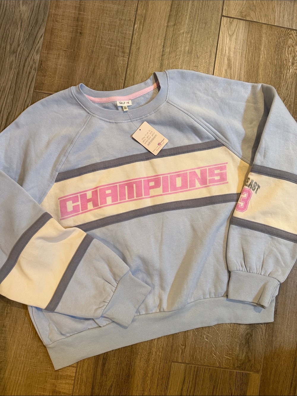 NWT sz XL Selfie Light Blue 'Champions' Graphic Sweatshirt with Pink Accent